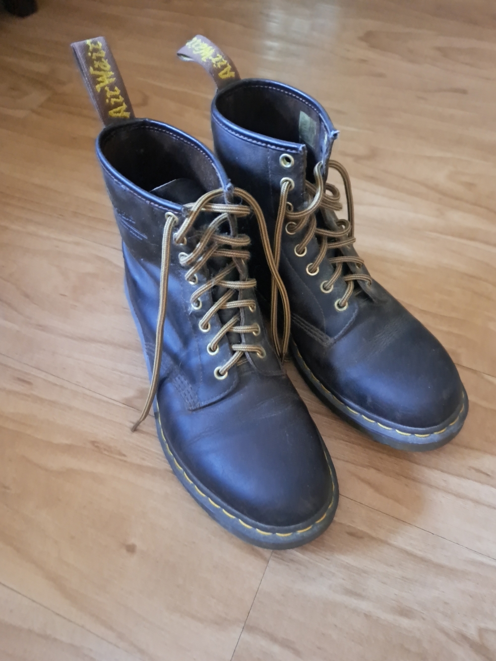 Dr. Martens Black Leather Lace-Up Boots with Yellow Stitching